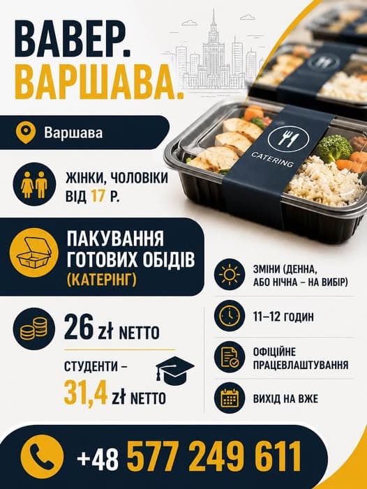 Робота: Пакувальник готових обідів у Варшаві